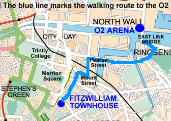 walking to O2 Arean North Wall Quay Fitzwilliam Guest House B&B dublin hotel 